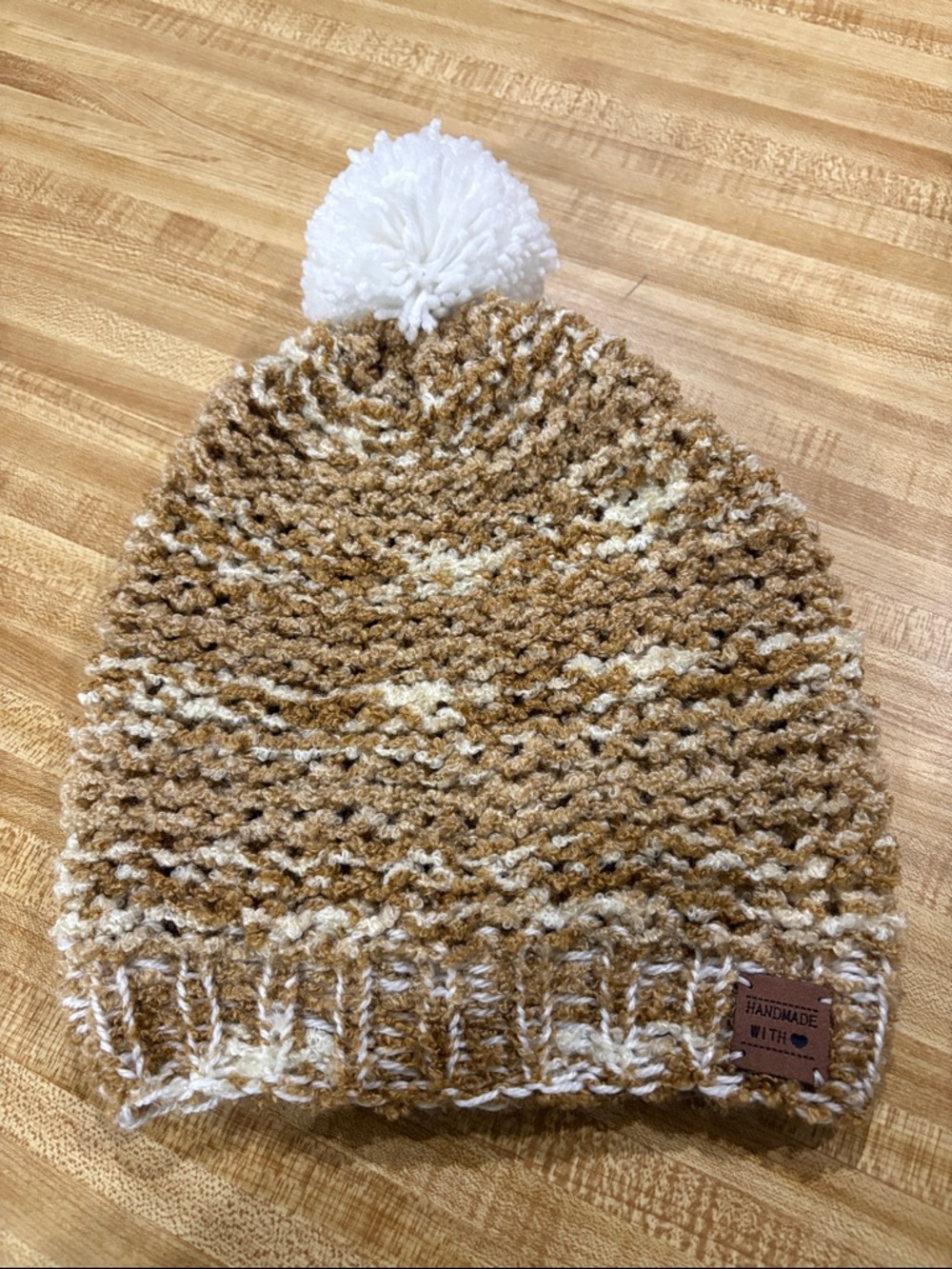 Handmade Tan and White Pom Pom slouchy beanie - Cozy Women's Knit Hat